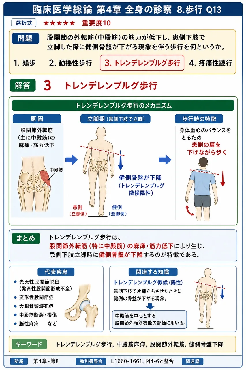 股関節の外転筋(中殿筋)の筋力が低下し、患側下肢で立脚した際に健側骨盤が下がる現象を伴う歩行を何というか。 解説図