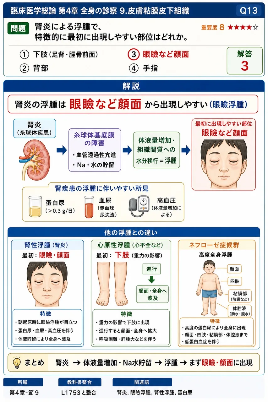 腎炎による浮腫で、特徴的に最初に出現しやすい部位はどれか。 解説図