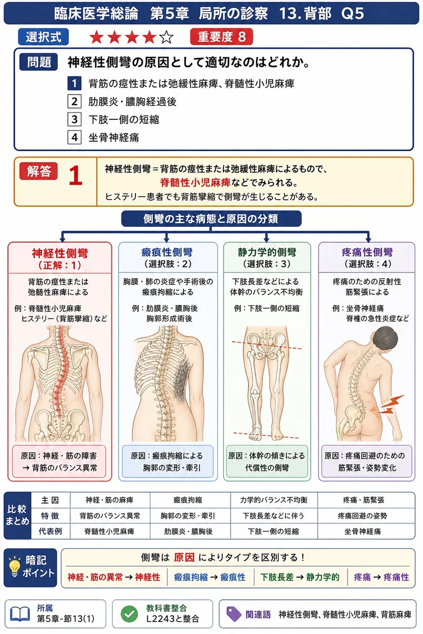 神経性側彎の原因として適切なのはどれか。 解説図