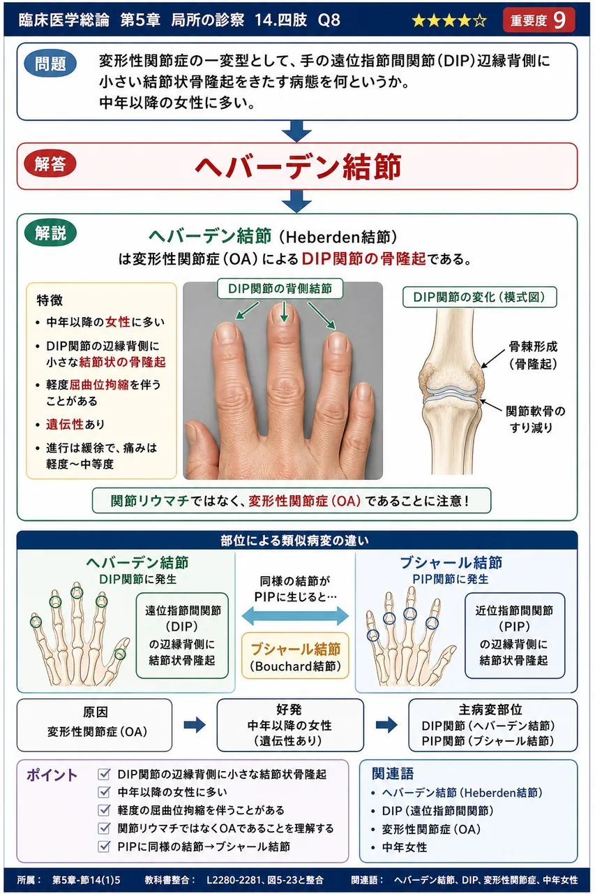 変形性関節症の一変型として、手の遠位指節間関節(DIP)辺縁背側に小さい結節状骨隆起をきたす病態を何というか。中年以降の女性に多い。 解説図