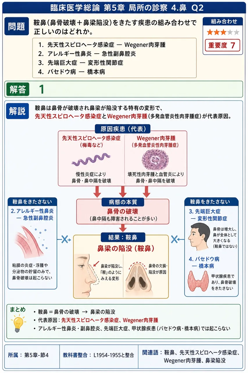 鞍鼻(鼻骨破壊+鼻梁陥没)をきたす疾患の組み合わせで正しいのはどれか。 解説図