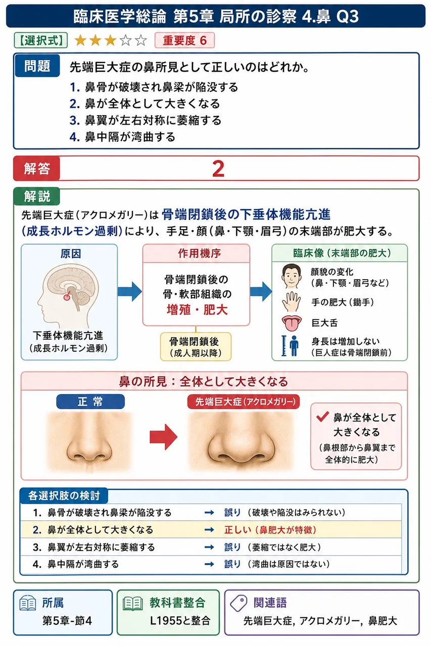 先端巨大症の鼻所見として正しいのはどれか。 解説図