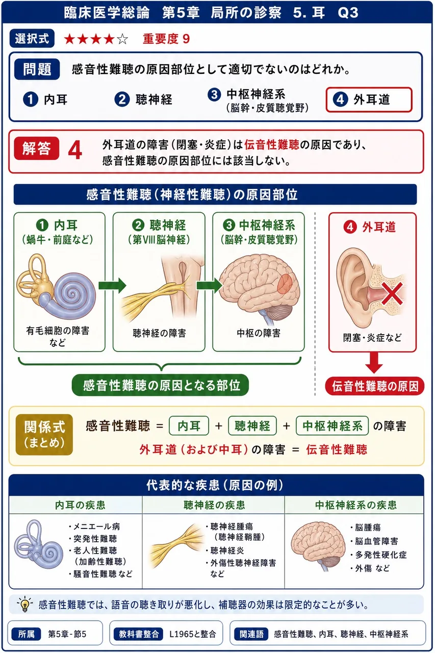 感音性難聴の原因部位として適切でないのはどれか。 解説図