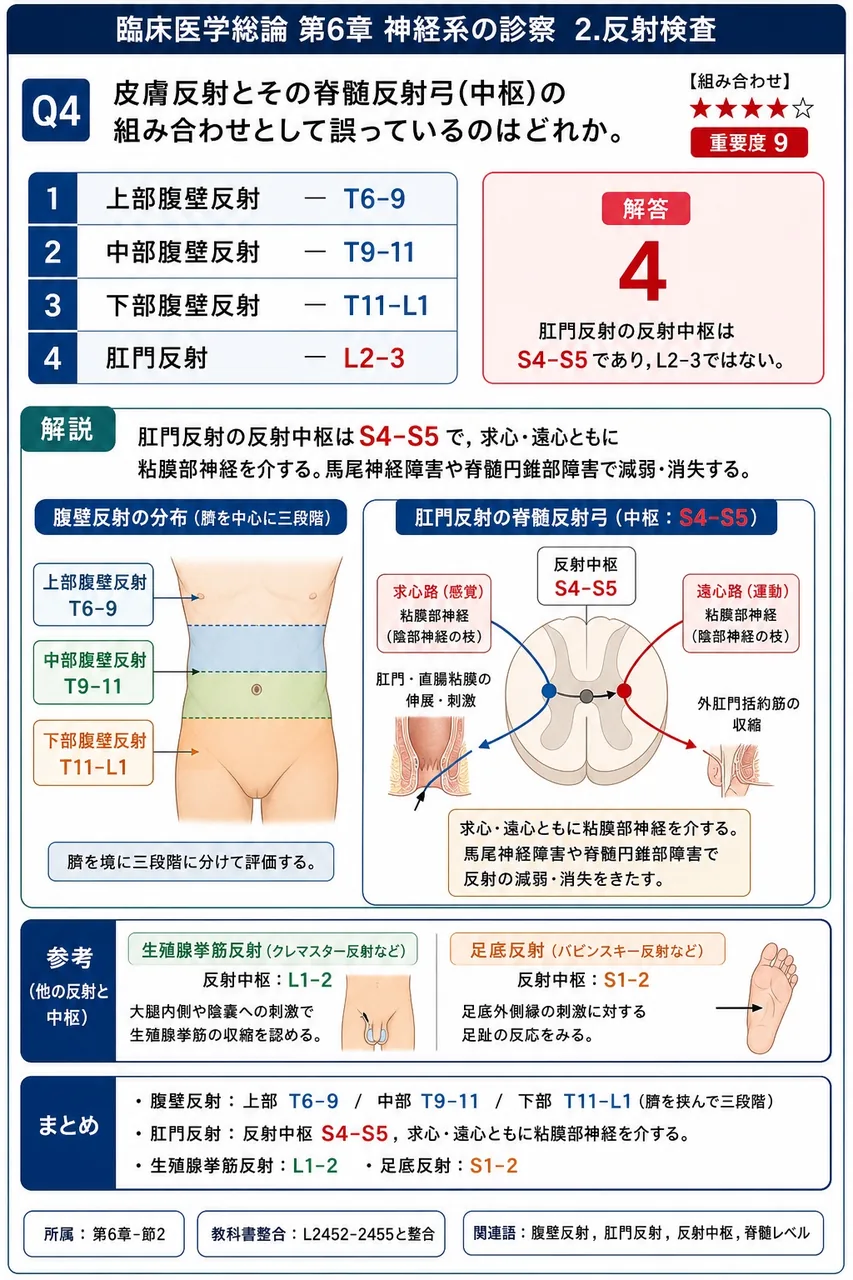 皮膚反射とその脊髄反射弓(中枢)の組み合わせとして誤っているのはどれか。 解説図