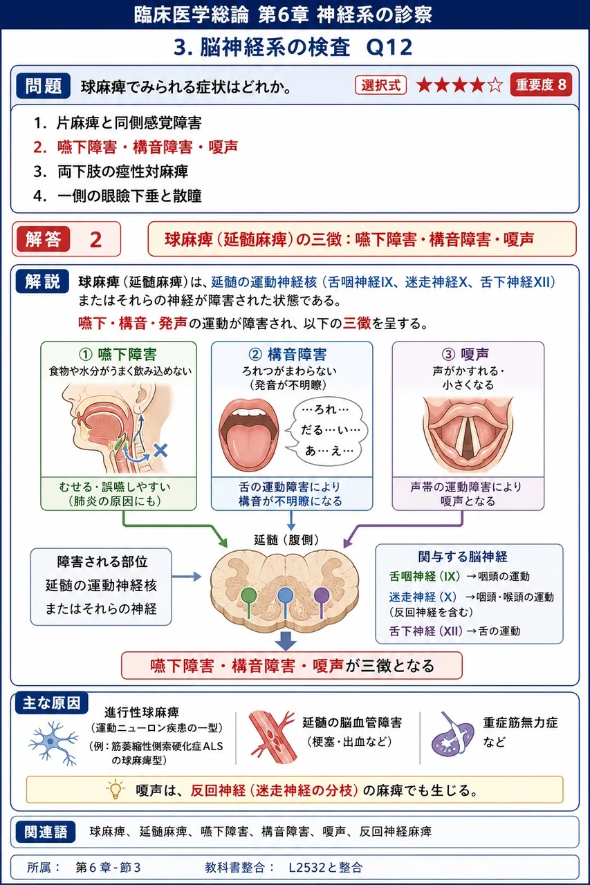 球麻痺でみられる症状はどれか。 解説図