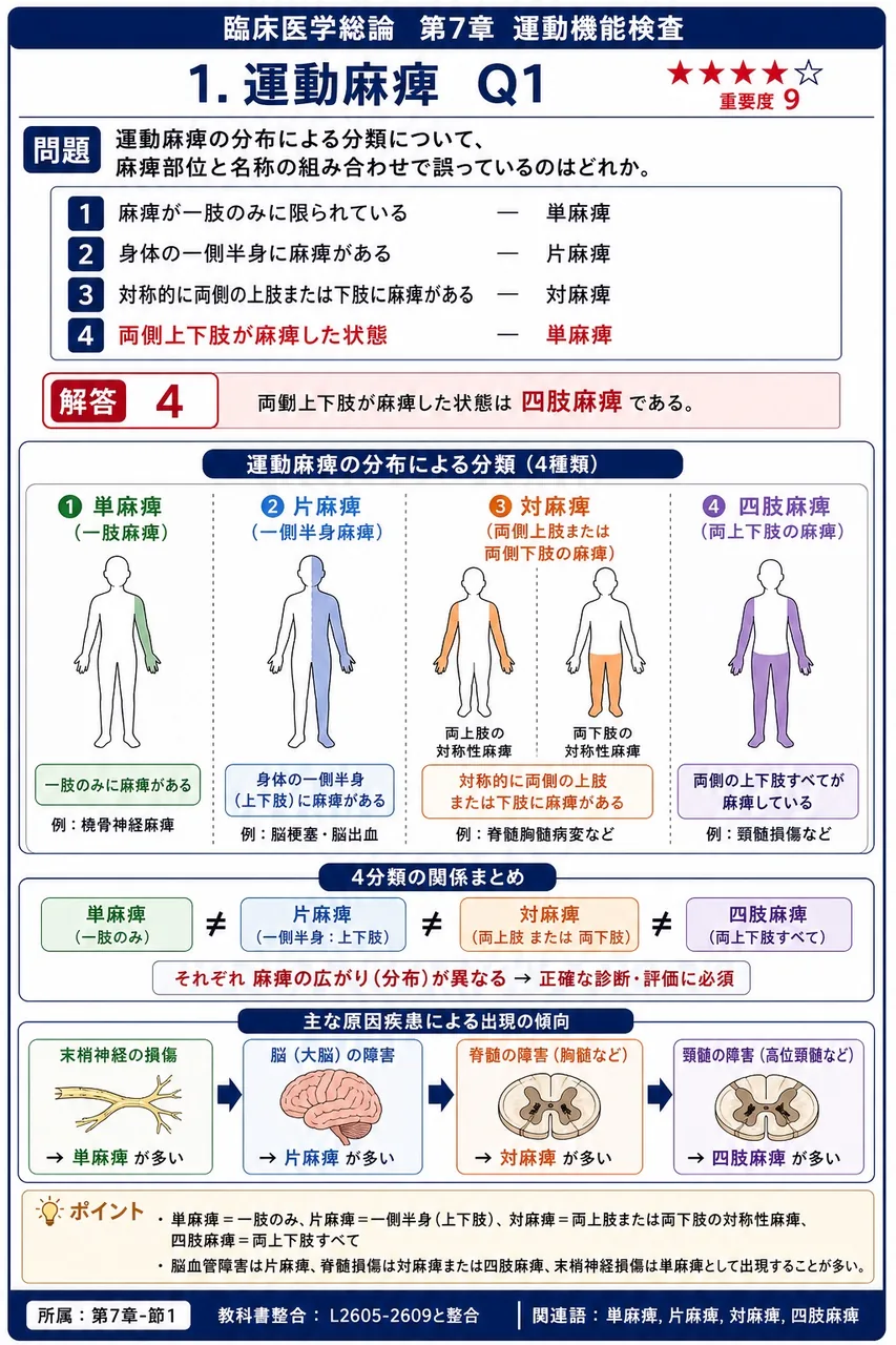 運動麻痺の分布による分類について、麻痺部位と名称の組み合わせで誤っているのはどれか。 解説図