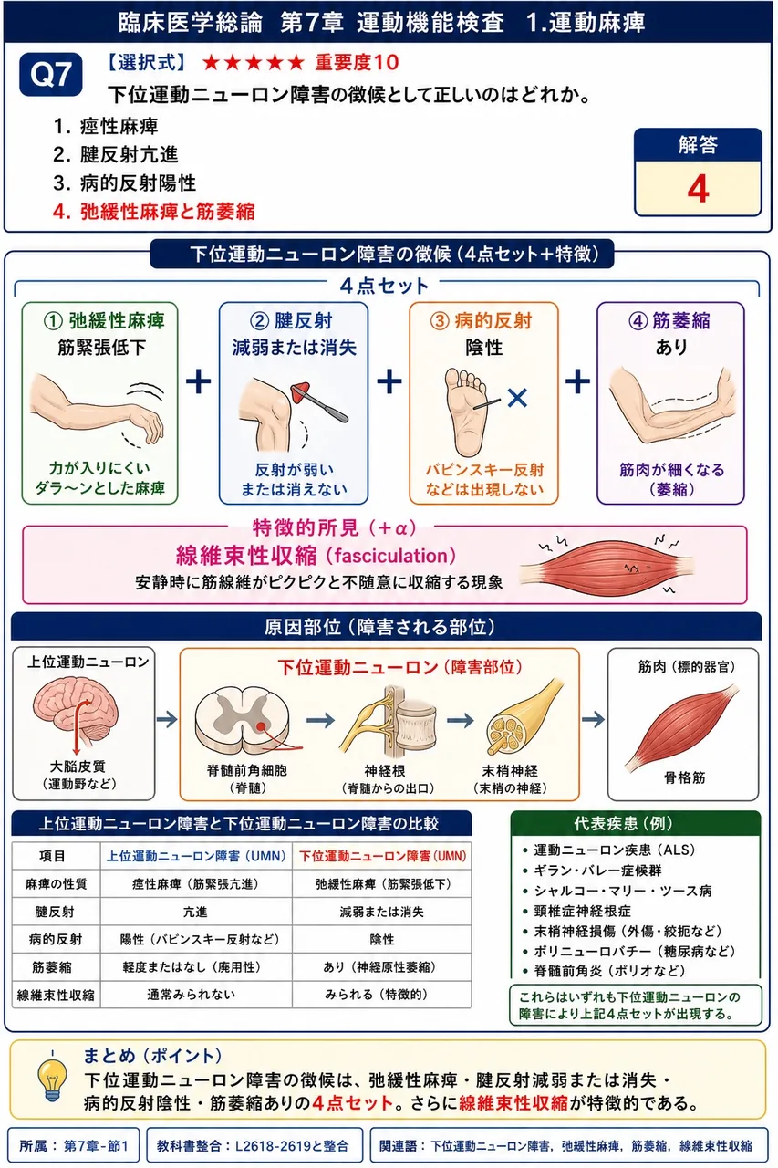 下位運動ニューロン障害の徴候として正しいのはどれか。 解説図