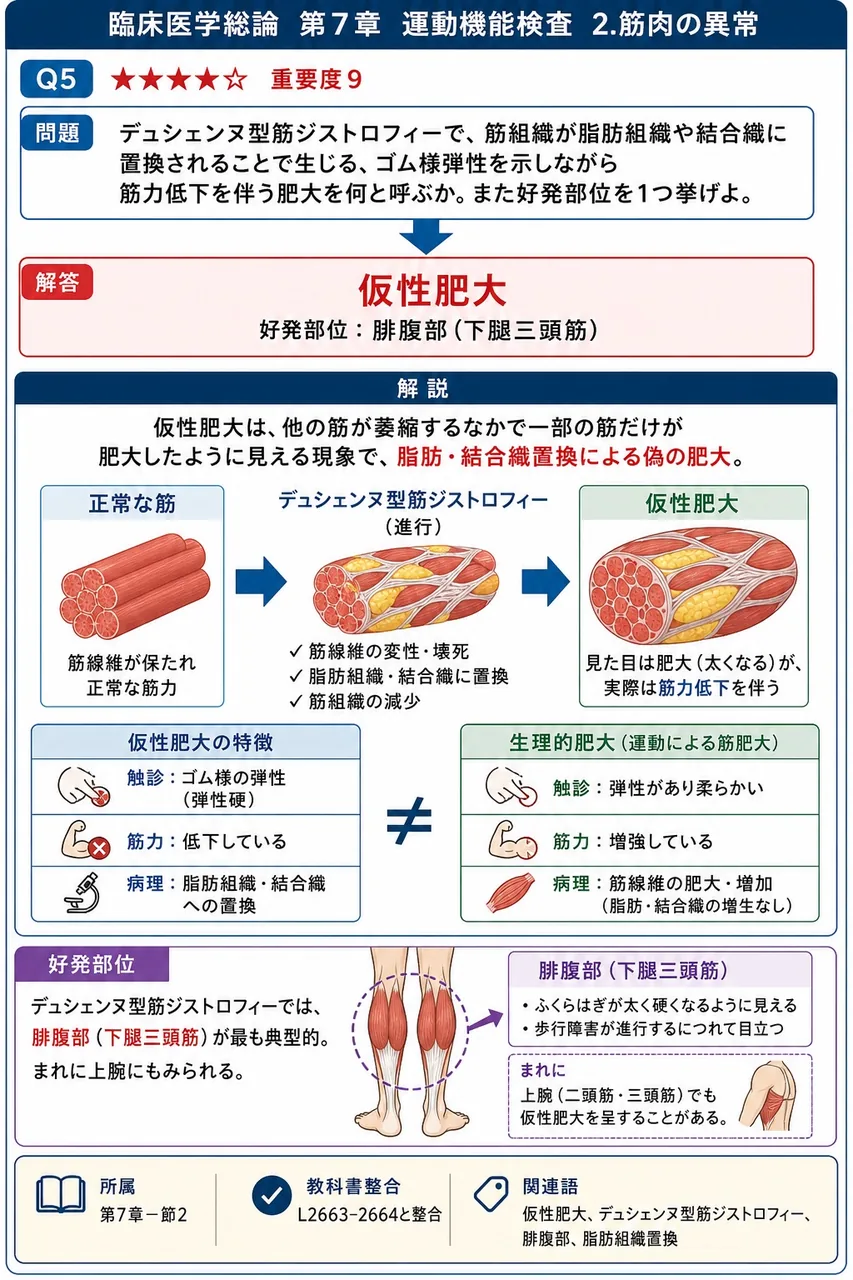 デュシェンヌ型筋ジストロフィーで、筋組織が脂肪組織や結合織に置換されることで生じる、ゴム様弾性を示しながら筋力低下を伴う肥大を何と呼ぶか。また好発部位を1つ挙げよ。 解説図