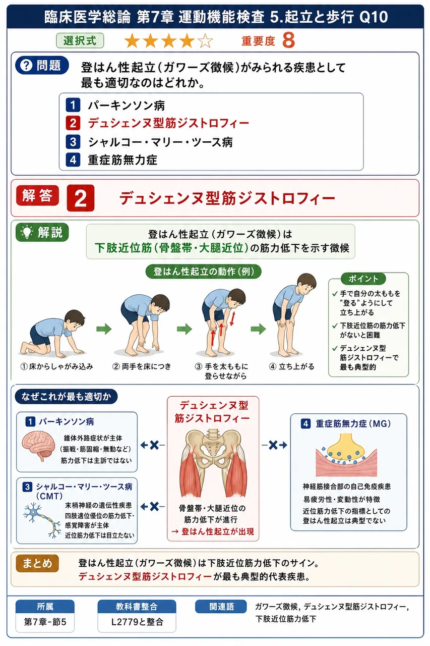 登はん性起立(ガワーズ徴候)がみられる疾患として最も適切なのはどれか。 解説図