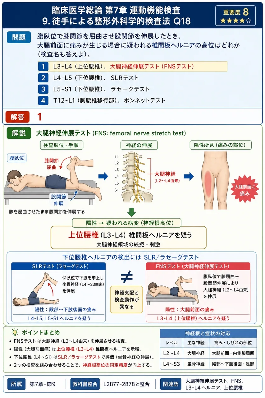 腹臥位で膝関節を屈曲させ股関節を伸展したとき、大腿前面に痛みが生じる場合に疑われる椎間板ヘルニアの高位はどれか(検査名も答えよ)。 解説図