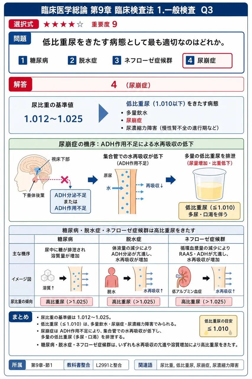 低比重尿をきたす病態として最も適切なのはどれか。 解説図