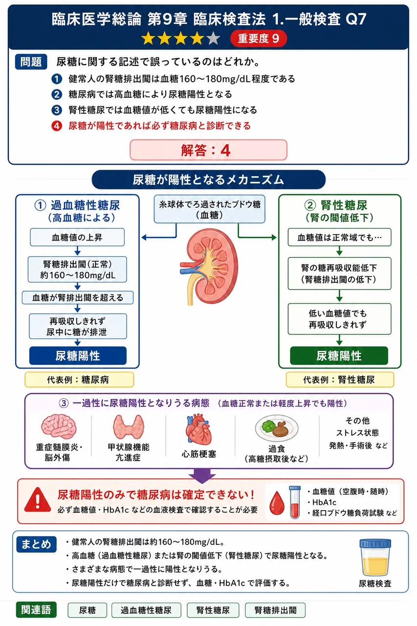 尿糖に関する記述で誤っているのはどれか。 解説図