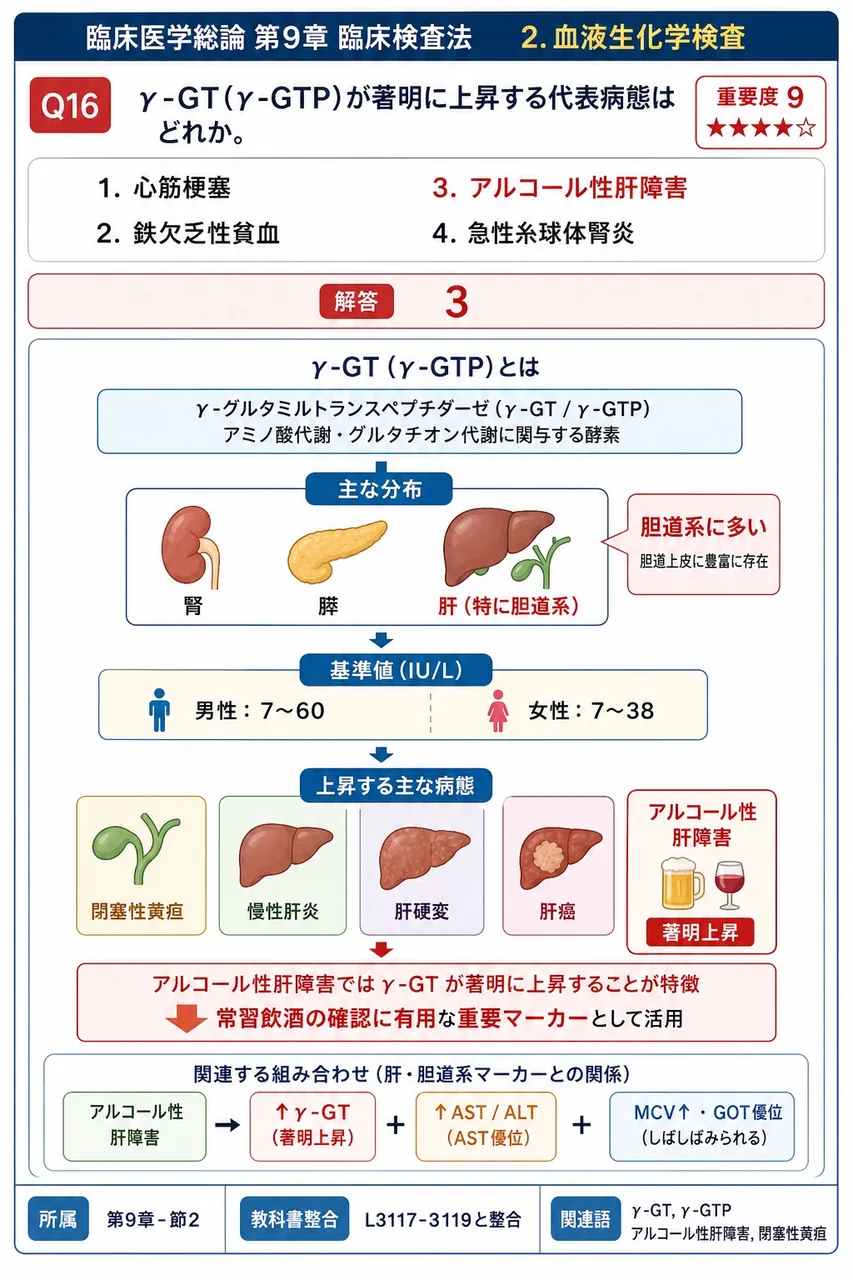 γ-GT(γ-GTP)が著明に上昇する代表病態はどれか。 解説図