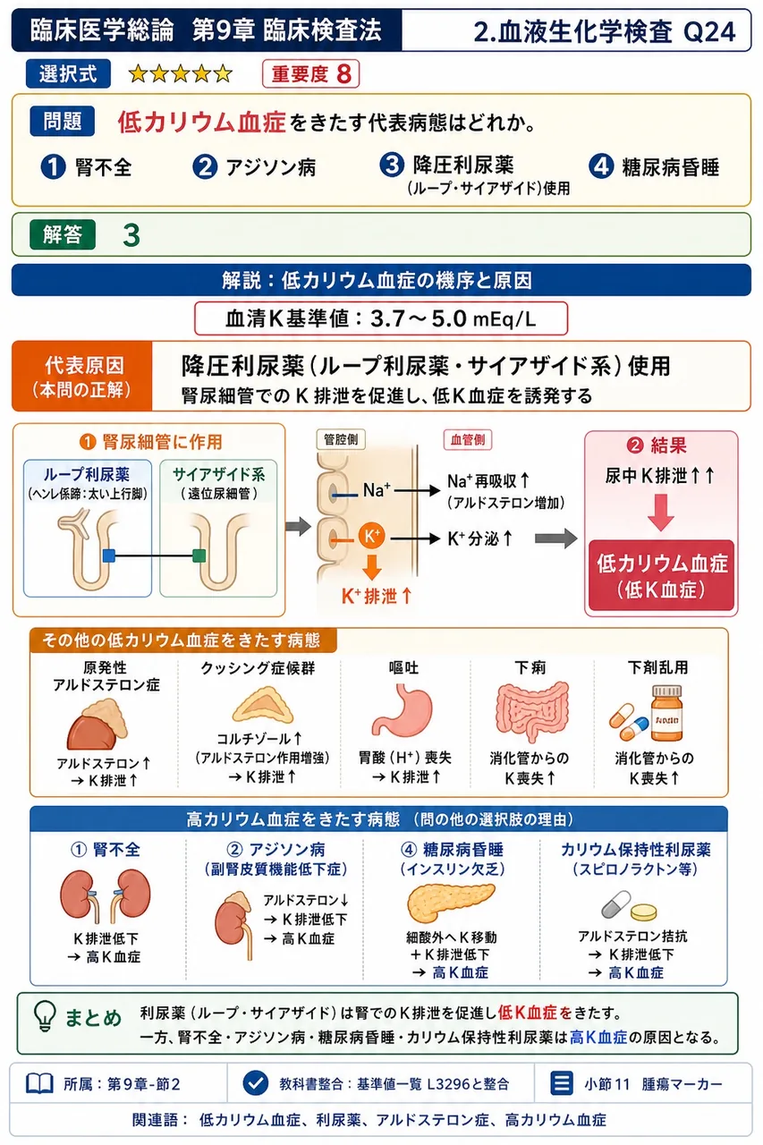 低カリウム血症をきたす代表病態はどれか。 解説図