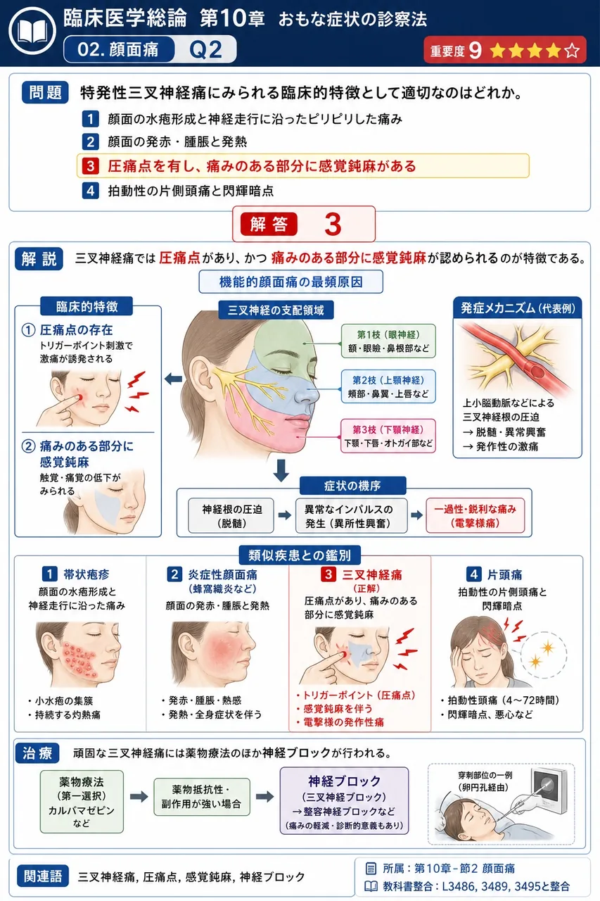 特発性三叉神経痛にみられる臨床的特徴として適切なのはどれか。 解説図