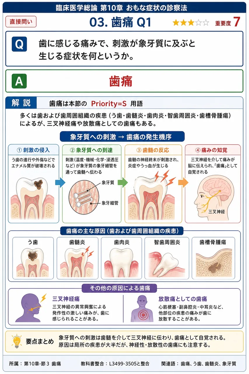 歯に感じる痛みで、刺激が象牙質に及ぶと生じる症状を何というか。 解説図