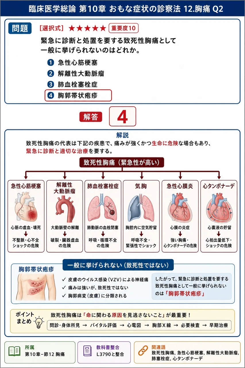 緊急に診断と処置を要する致死性胸痛として一般に挙げられないのはどれか。 解説図