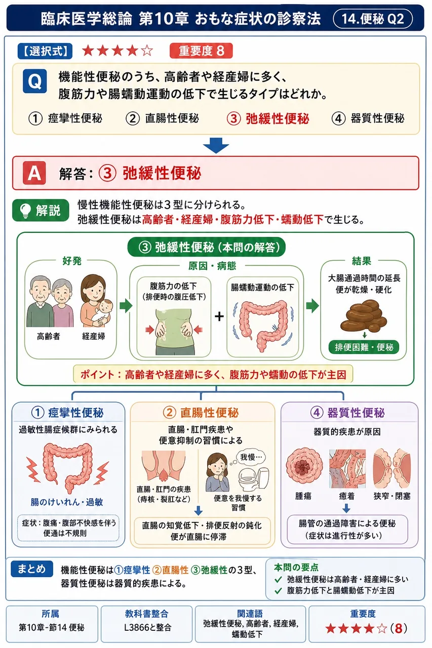 機能性便秘のうち、高齢者や経産婦に多く、腹筋力や腸蠕動運動の低下で生じるタイプはどれか。 解説図