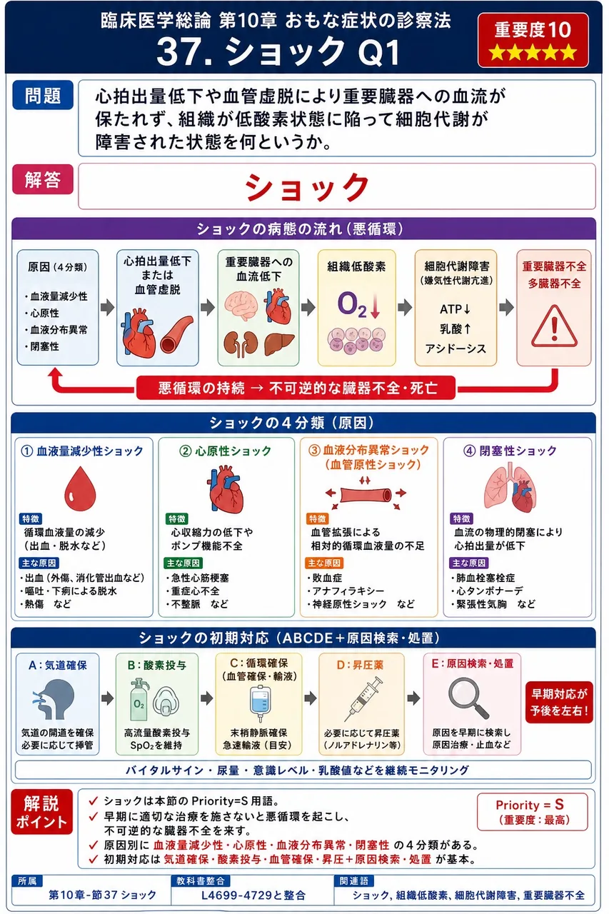 心拍出量低下や血管虚脱により重要臓器への血流が保たれず、組織が低酸素状態に陥って細胞代謝が障害された状態を何というか。 解説図