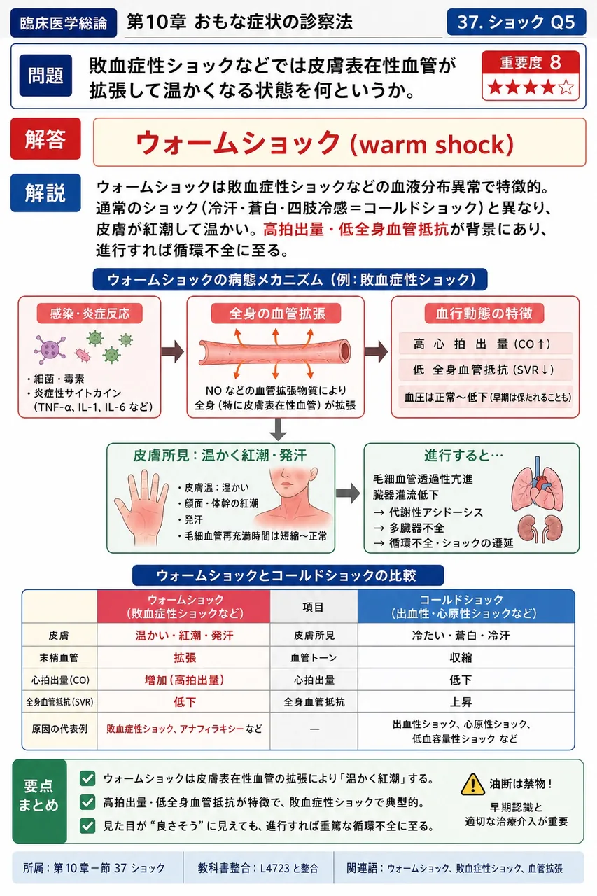 敗血症性ショックなどでは皮膚表在性血管が拡張して温かくなる状態を何というか。 解説図