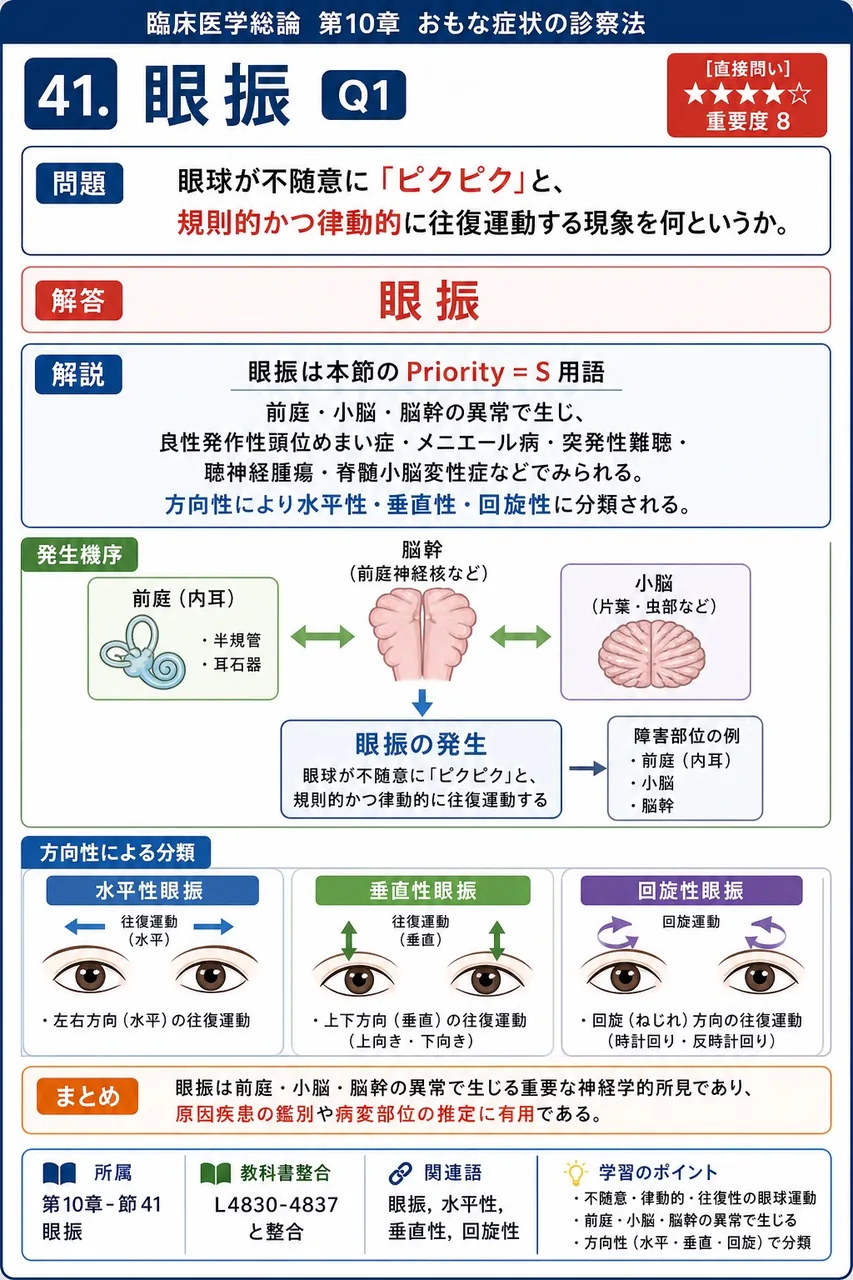 眼球が不随意に「ピクピク」と、規則的かつ律動的に往復運動する現象を何というか。 解説図