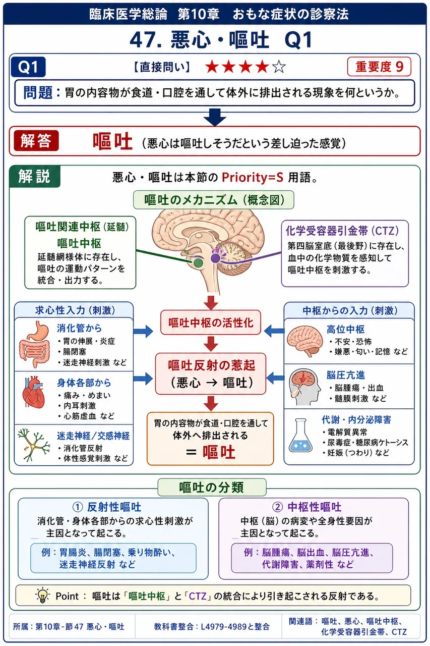 胃の内容物が食道・口腔を通して体外に排出される現象を何というか。 解説図
