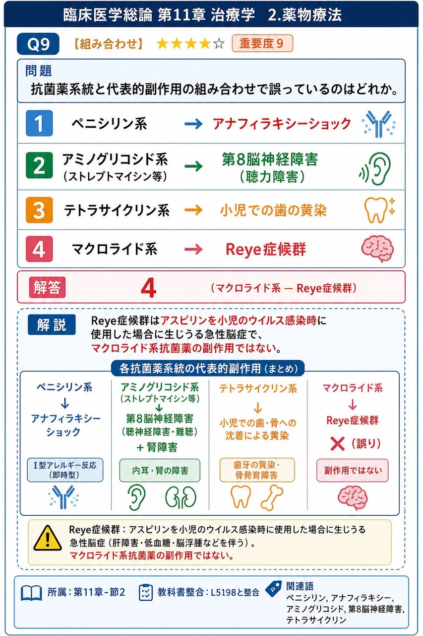 抗菌薬系統と代表的副作用の組み合わせで誤っているのはどれか。 解説図