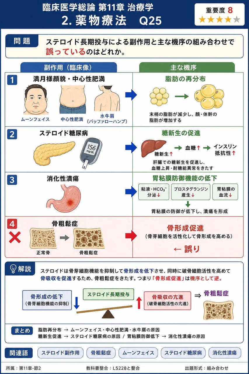 ステロイド長期投与による副作用と主な機序の組み合わせで誤っているのはどれか。 解説図