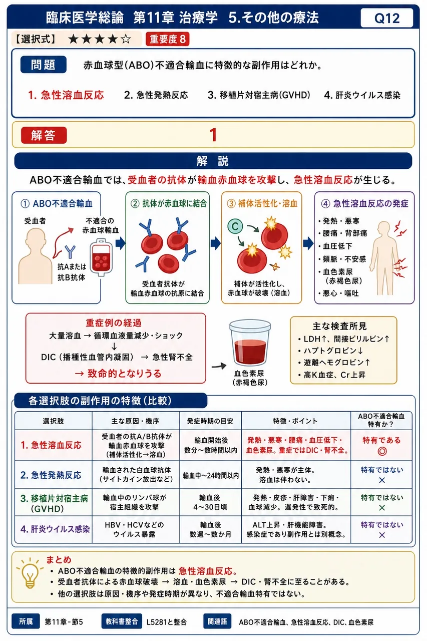 赤血球型(ABO)不適合輸血に特徴的な副作用はどれか。 解説図