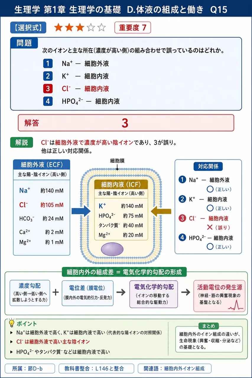 次のイオンと主な所在(濃度が高い側)の組み合わせで誤っているのはどれか。 解説図