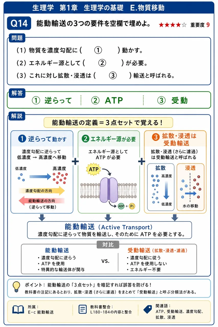 能動輸送の3つの要件を空欄で埋めよ。 (1)物質を濃度勾配に( ① )動かす。 (2)エネルギー源として( ② )が必要。 (3)これに対し拡散・浸透は( ③ )輸送と呼ばれる。 解説図