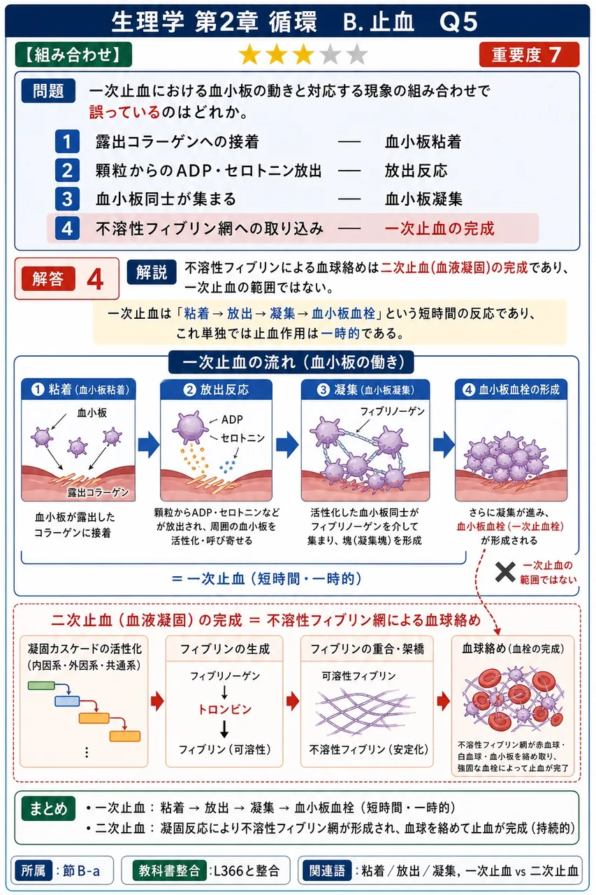 一次止血における血小板の動きと対応する現象の組み合わせで**誤っている**のはどれか。 解説図