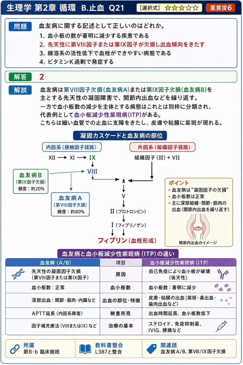 血友病に関する記述として正しいのはどれか。 解説図