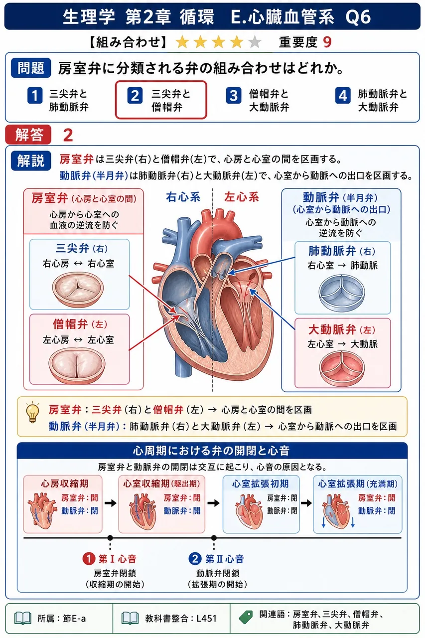 房室弁に分類される弁の組み合わせはどれか。 解説図