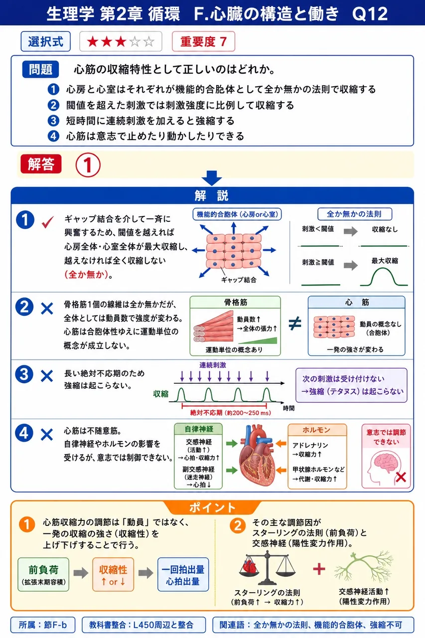 心筋の収縮特性として正しいのはどれか。 解説図
