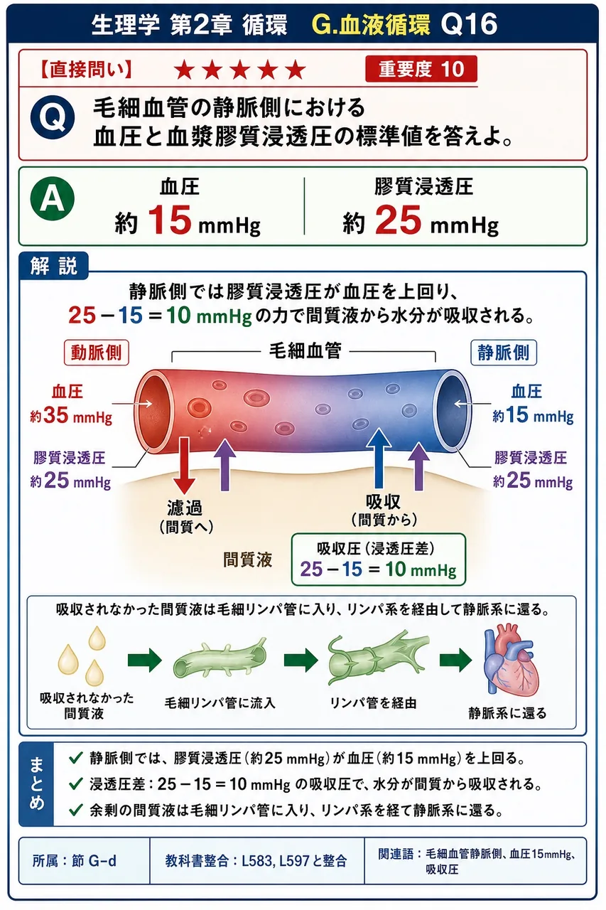 毛細血管の静脈側における血圧と血漿膠質浸透圧の標準値を答えよ。 解説図