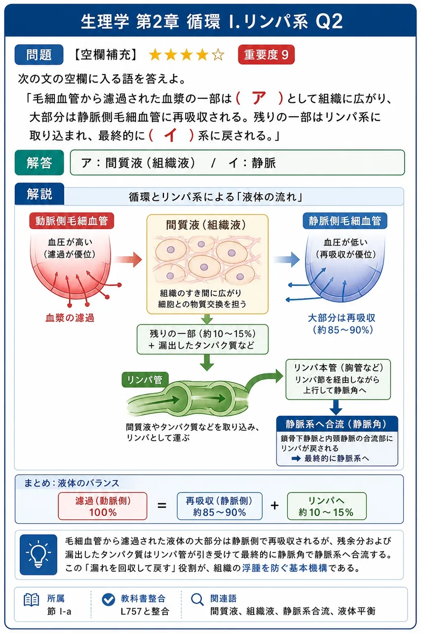 次の文の空欄に入る語を答えよ。 「毛細血管から濾過された血漿の一部は( ア )として組織に広がり、大部分は静脈側毛細血管に再吸収される。残りの一部はリンパ系に取り込まれ、最終的に( イ )系に戻される。」 解説図