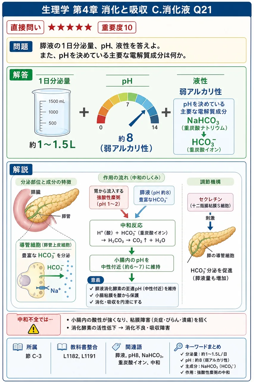 膵液の1日分泌量、pH、液性を答えよ。また、pHを決めている主要な電解質成分は何か。 解説図