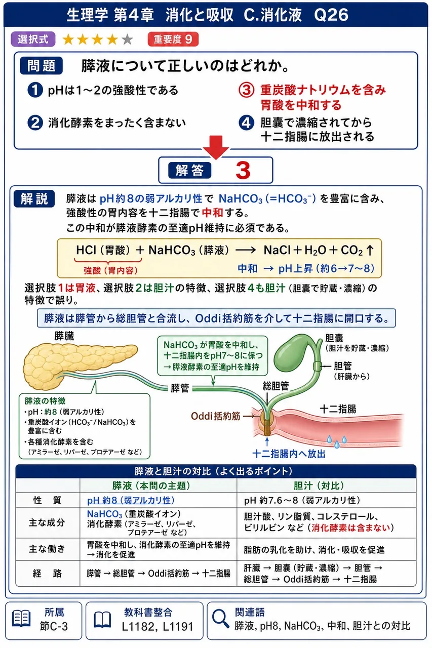 膵液について正しいのはどれか。 解説図