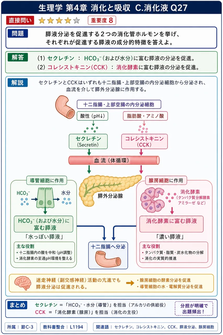 膵液分泌を促進する2つの消化管ホルモンを挙げ、それぞれが促進する膵液の成分的特徴を答えよ。 解説図