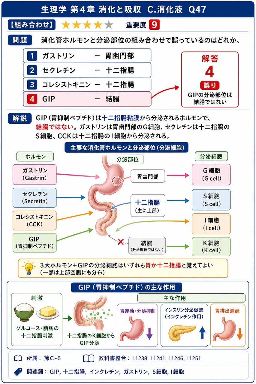 消化管ホルモンと分泌部位の組み合わせで誤っているのはどれか。 解説図