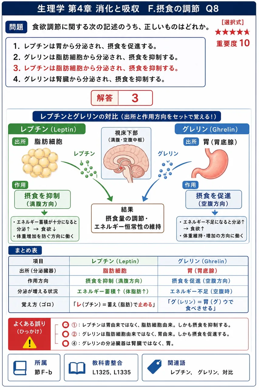 食欲調節に関する次の記述のうち、正しいものはどれか。 解説図
