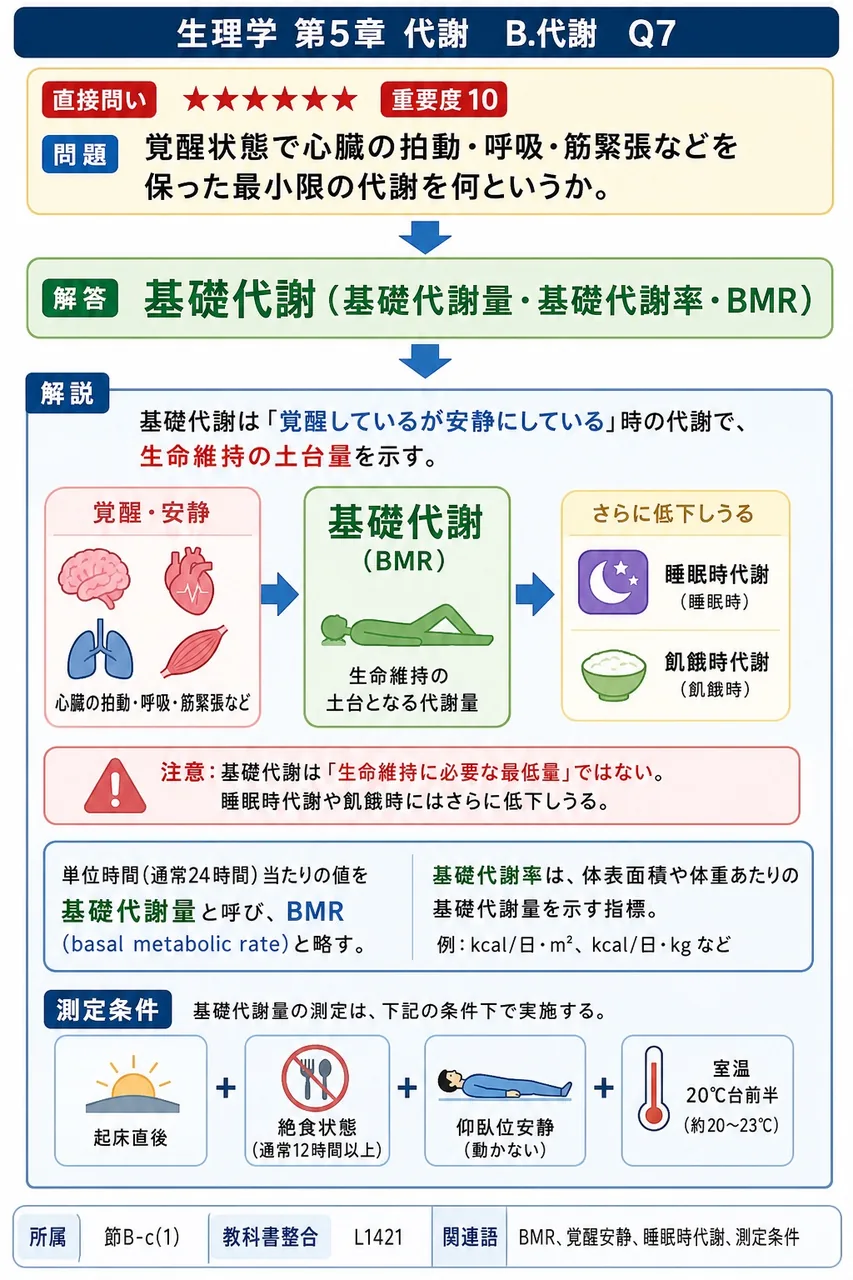 覚醒状態で心臓の拍動・呼吸・筋緊張などを保った最小限の代謝を何というか。 解説図