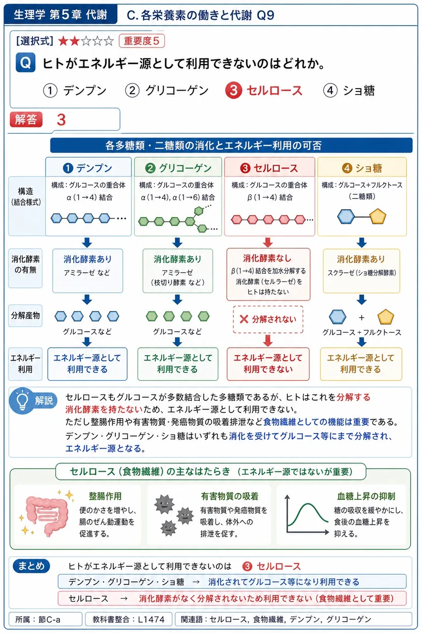 ヒトがエネルギー源として利用できないのはどれか。 解説図