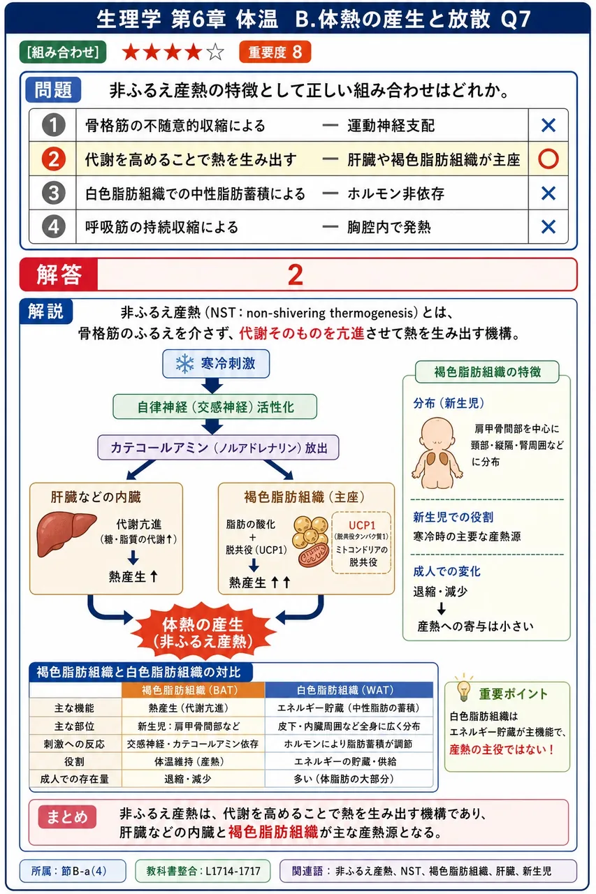 非ふるえ産熱の特徴として正しい組み合わせはどれか。 解説図