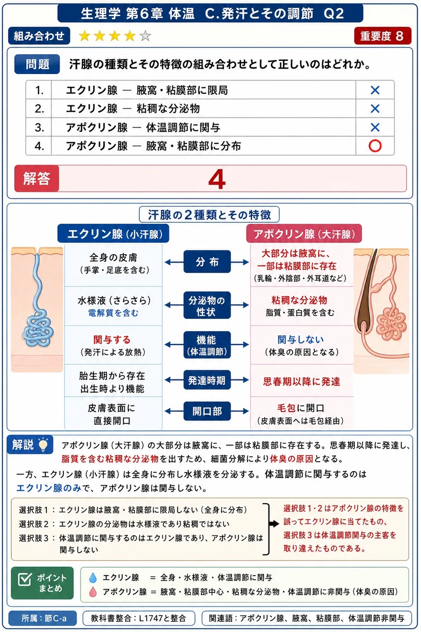 汗腺の種類とその特徴の組み合わせとして正しいのはどれか。 解説図