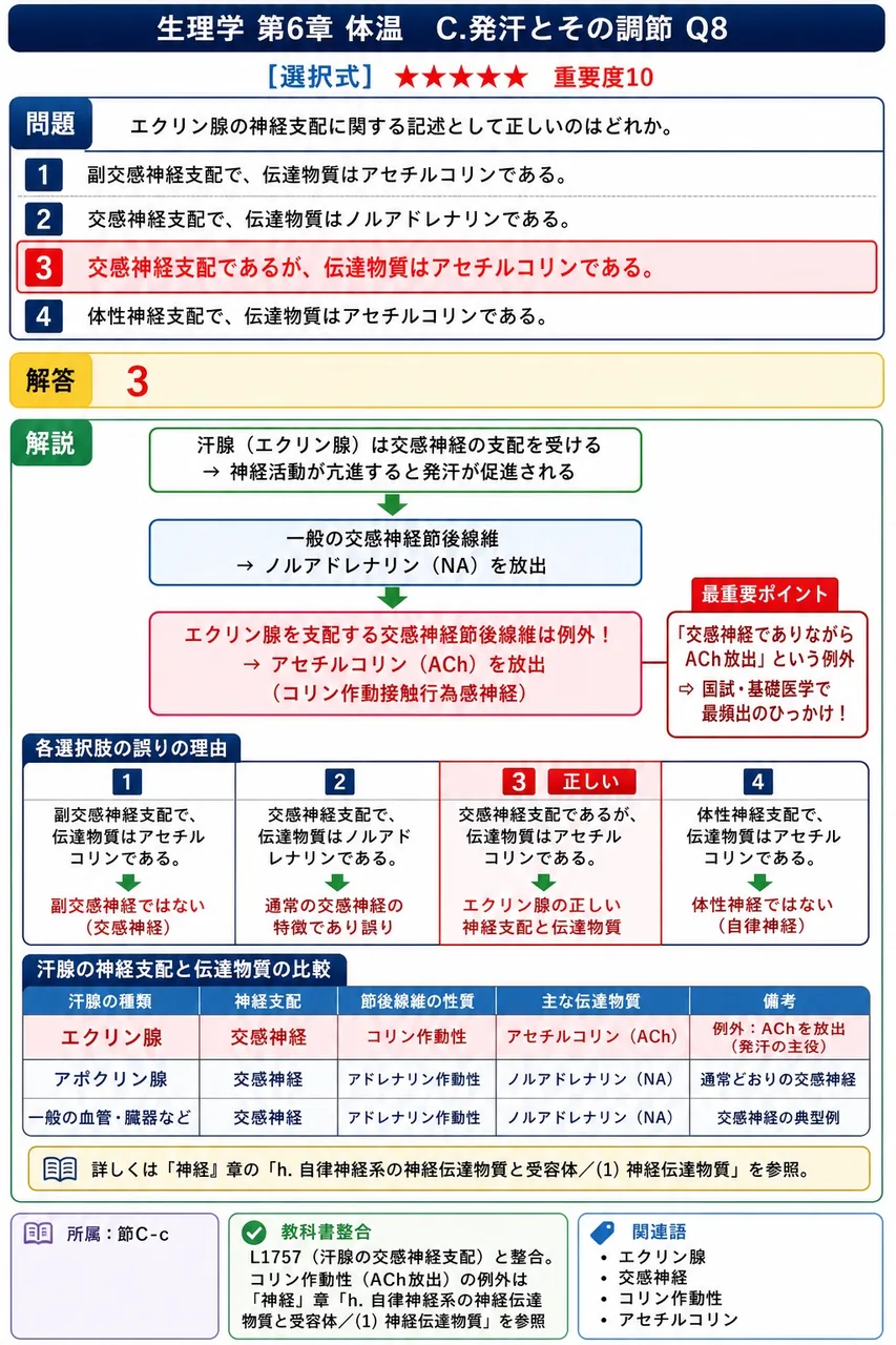 エクリン腺の神経支配に関する記述として正しいのはどれか。 解説図