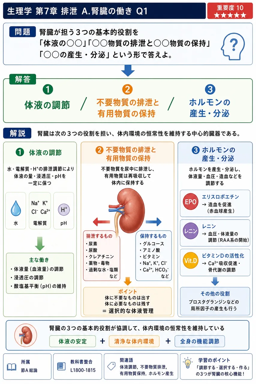 腎臓が担う3つの基本的役割を「体液の○○」「○○物質の排泄と○○物質の保持」「○○の産生・分泌」という形で答えよ。 解説図