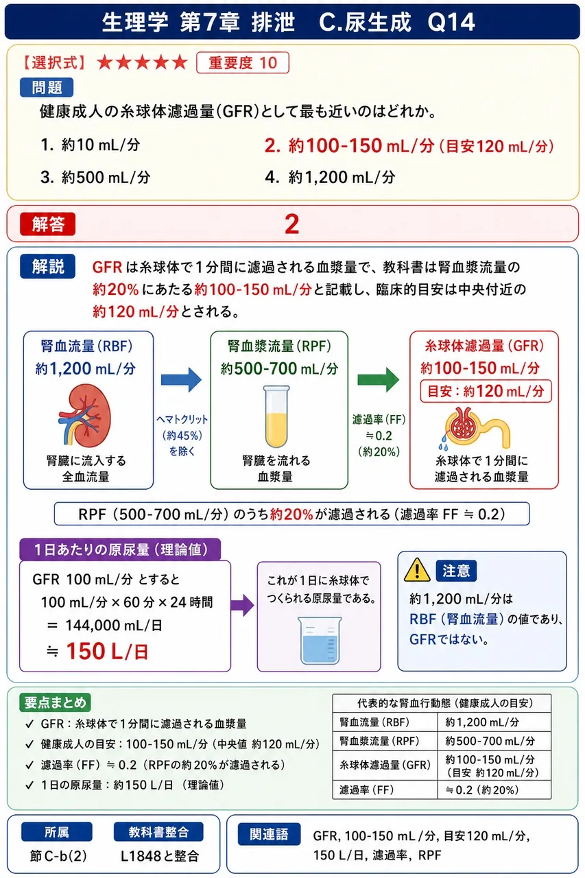 健康成人の糸球体濾過量(GFR)として最も近いのはどれか。 解説図