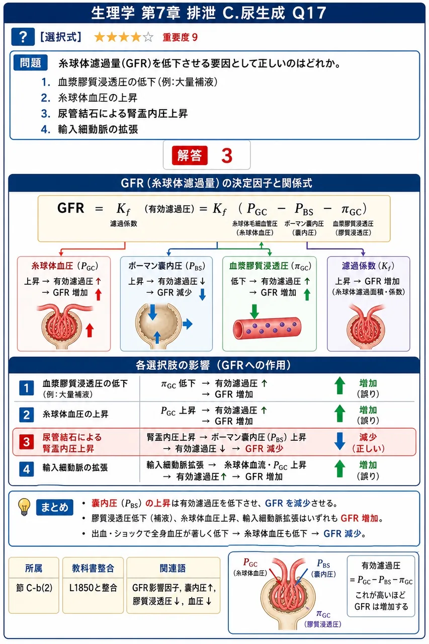 糸球体濾過量(GFR)を低下させる要因として正しいのはどれか。 解説図